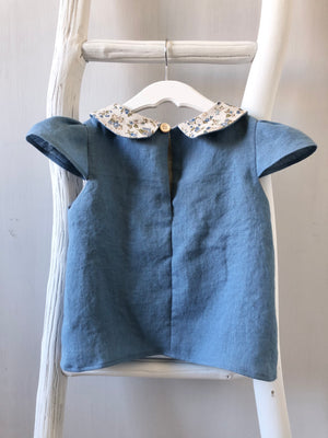 Blue Floral Peter Pan Collar Top - 3T - ready to ship